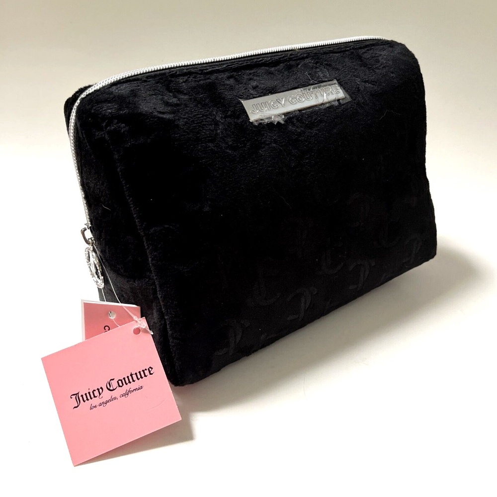 NWT Juicy Couture Black Velour Cosmetics Bag Embossed Logo Makeup Travel Case - Picture 3 of 10